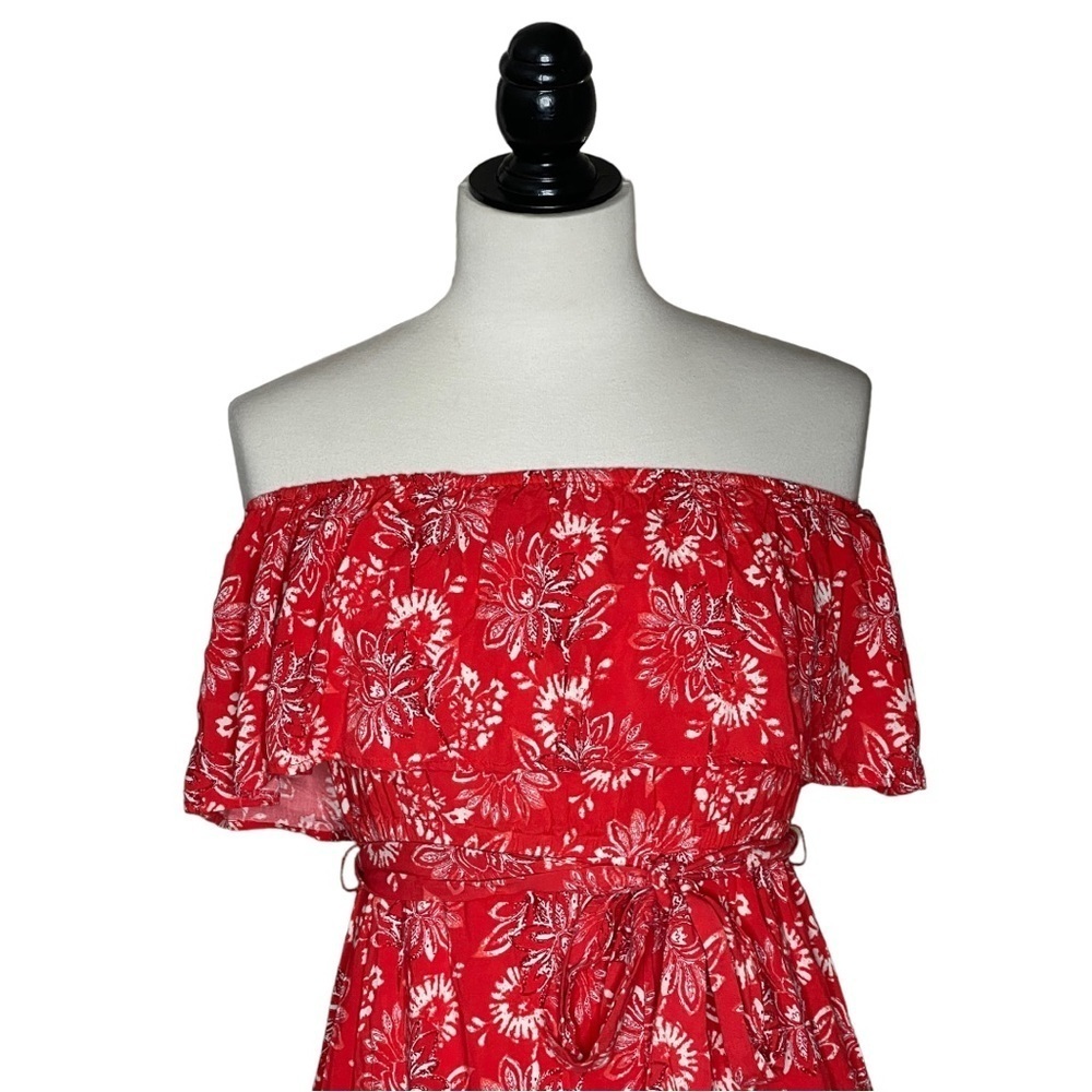 Flying Tomato Red Floral Off The Shoulder Ruffle Bottom Maxi Dress XS - Picture 2 of 7